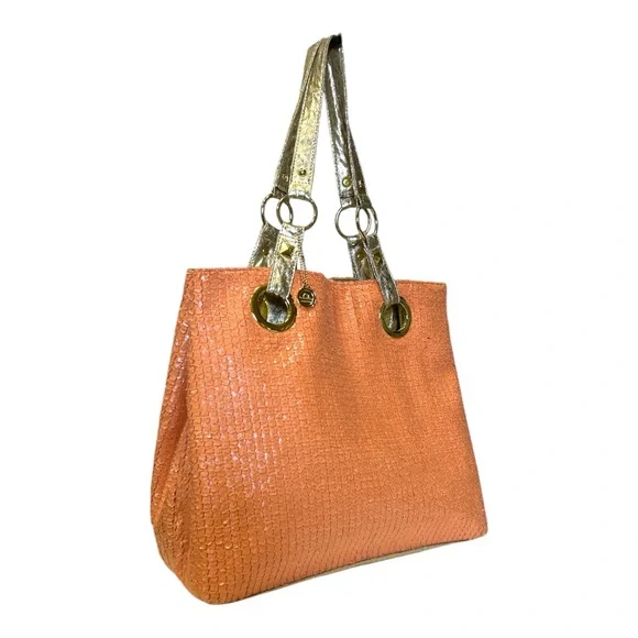 Big Buddha Tote Bag Coral Textured Pattern Gold Trim - Picture 11 of 15